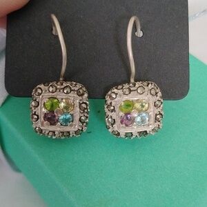 Sterling Silver, Marcasite+ Multicolor CZ Drop Earrings